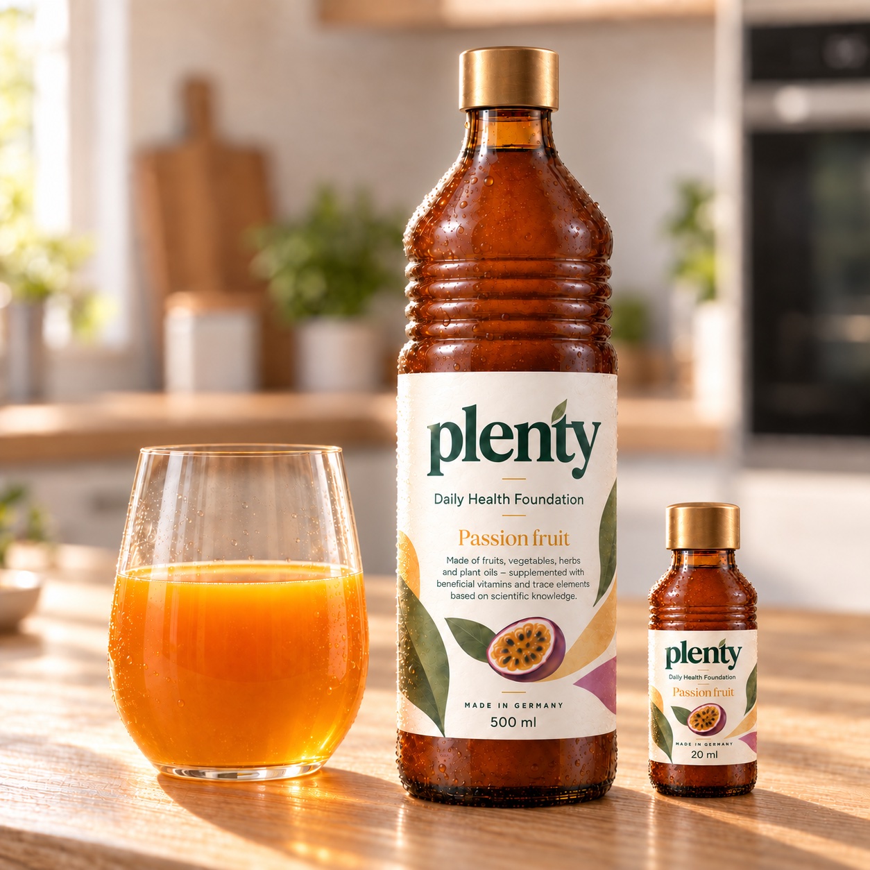 Plenty’s 500 ml bottle and travel bottle beside a glass of passion-fruit concentrate mixed with water